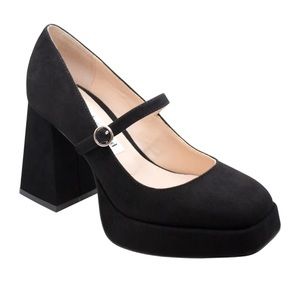 New, tried on, but never worn, black suede Charles David Vivianna platform shoe.